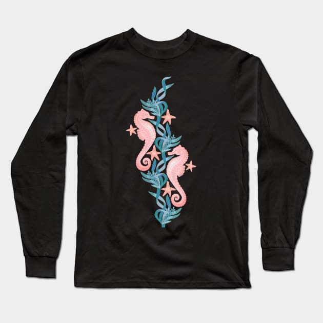 Pastel Pink Seahorse and Starfish with Blue Seaweed Long Sleeve T-Shirt by micklyn